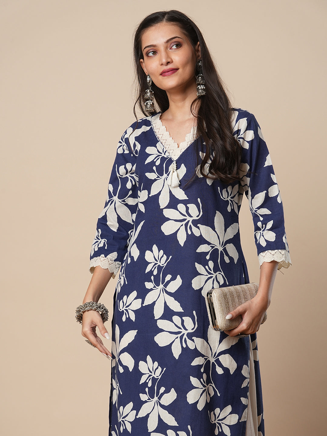 Abstract Floral Printed Straight Fit Kurta - Blue