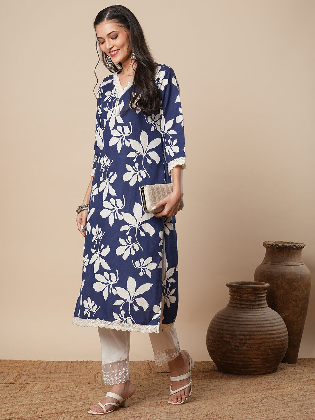 Abstract Floral Printed Straight Fit Kurta - Blue