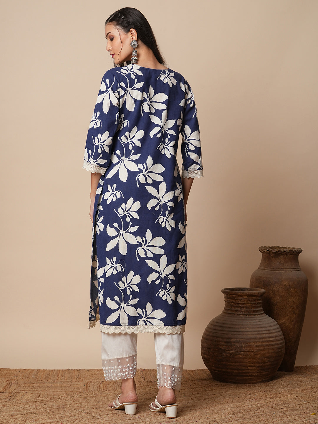 Abstract Floral Printed Straight Fit Kurta - Blue