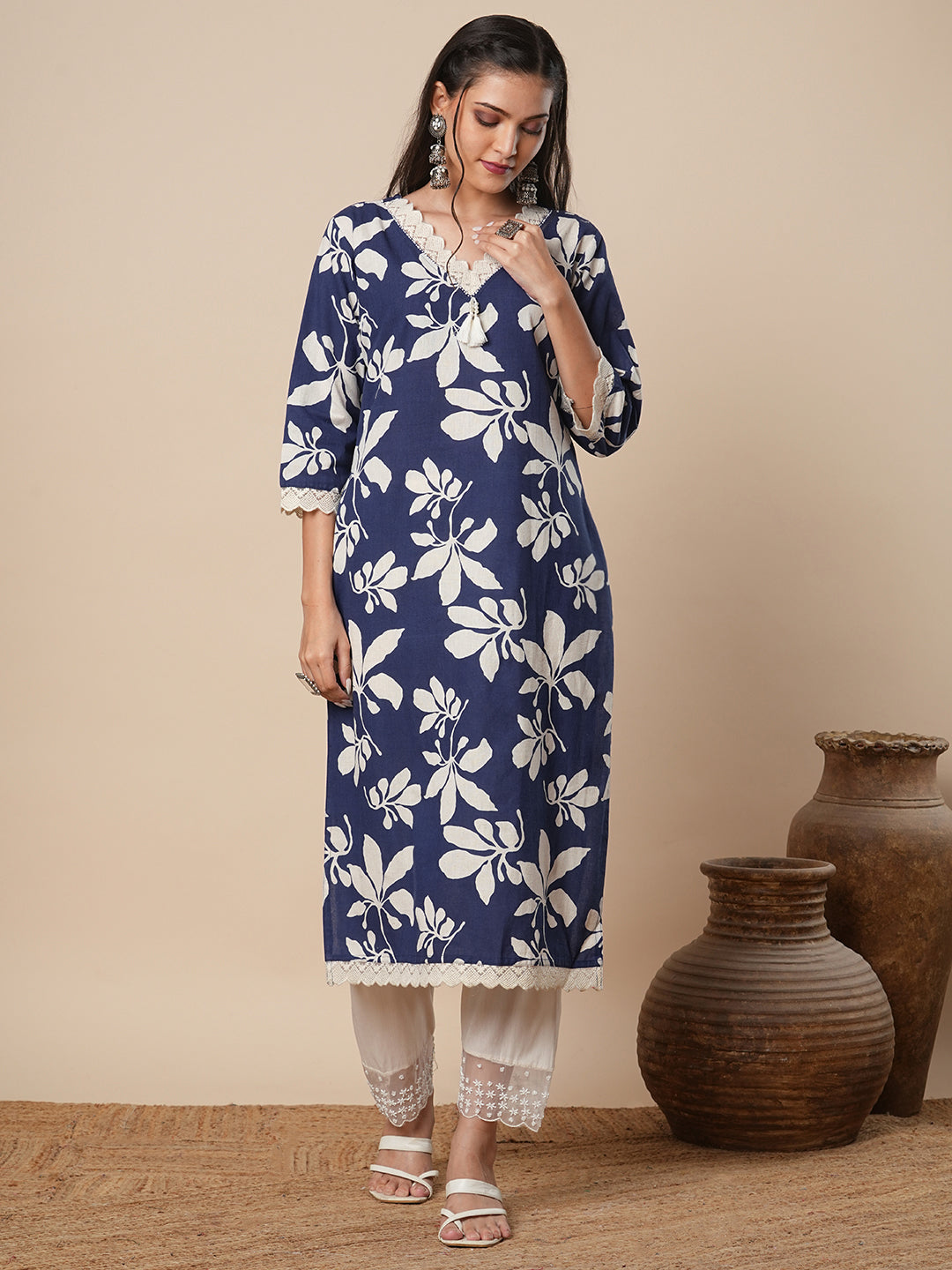 Abstract Floral Printed Straight Fit Kurta - Blue