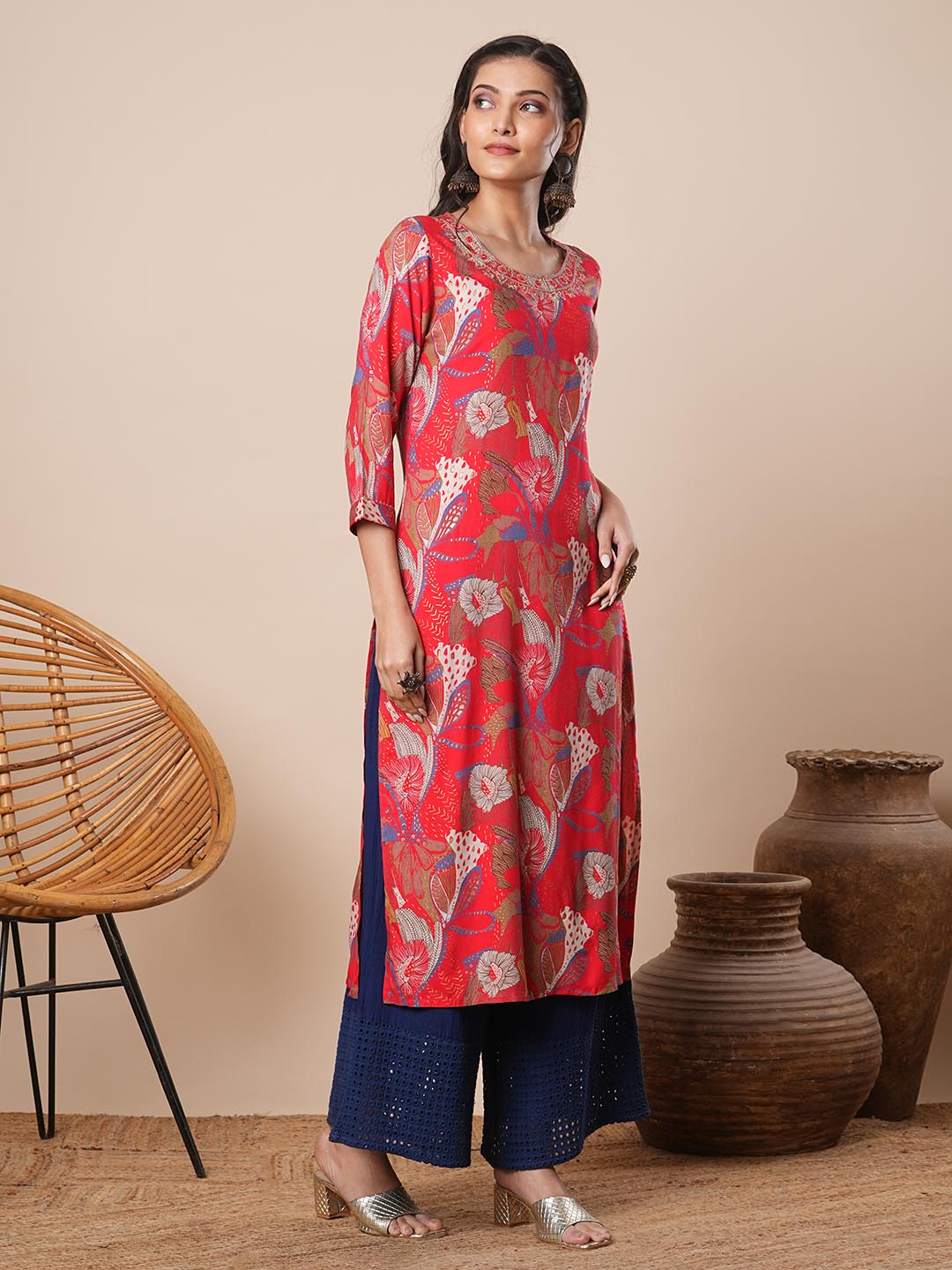 Abstract Floral Printed & Zari Embroidered Straight Fit Kurta - Coral
