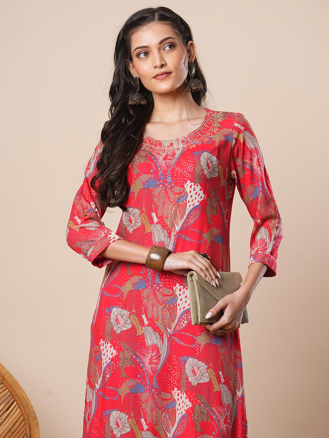 Abstract Floral Printed & Zari Embroidered Straight Fit Kurta - Coral