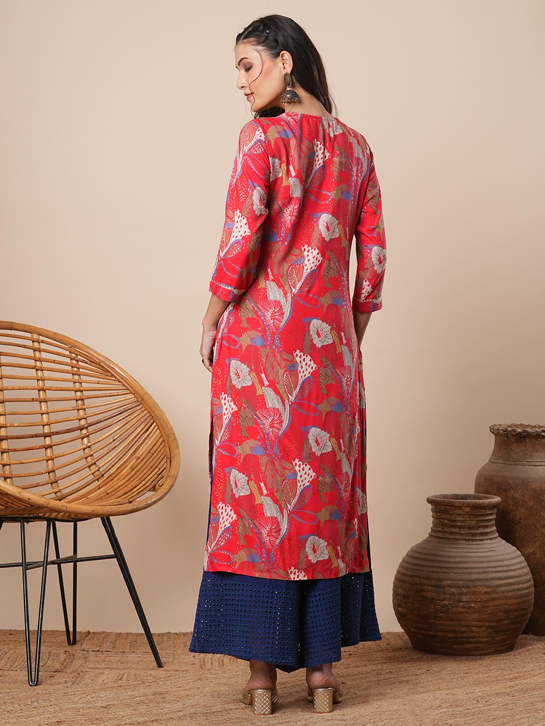 Abstract Floral Printed & Zari Embroidered Straight Fit Kurta - Coral