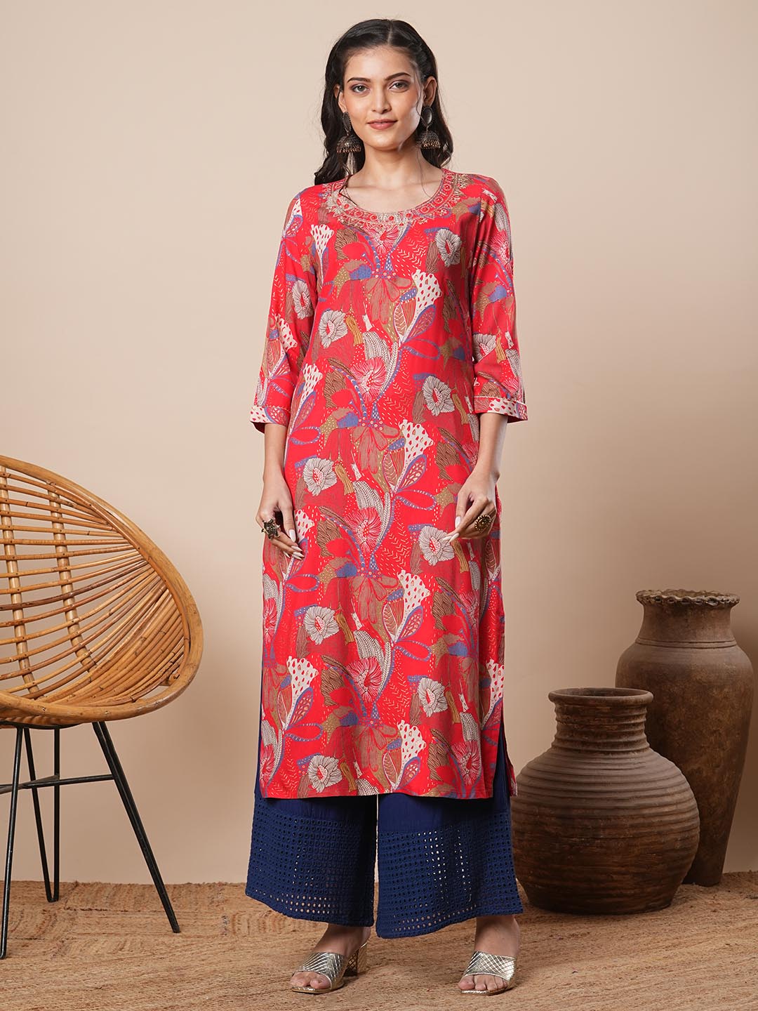 Abstract Floral Printed & Zari Embroidered Straight Fit Kurta - Coral