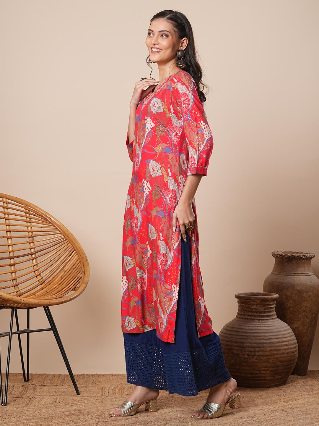 Abstract Floral Printed & Zari Embroidered Straight Fit Kurta - Coral