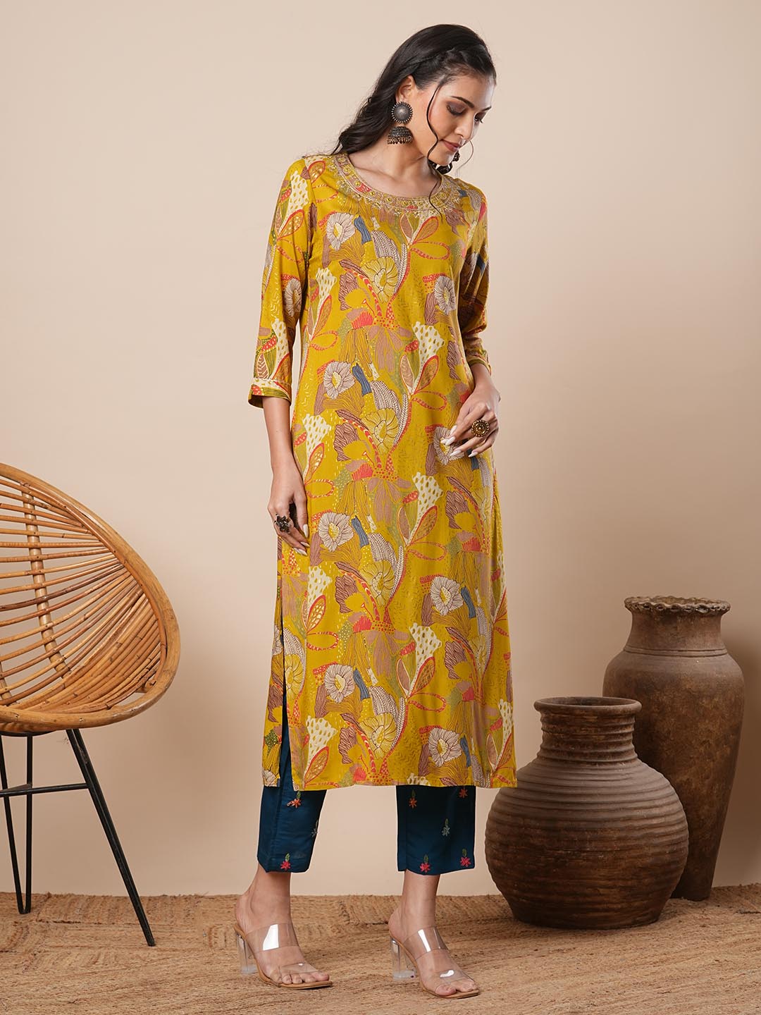 Abstract Floral Printed & Zari Embroidered Straight Fit Kurta - Mustard