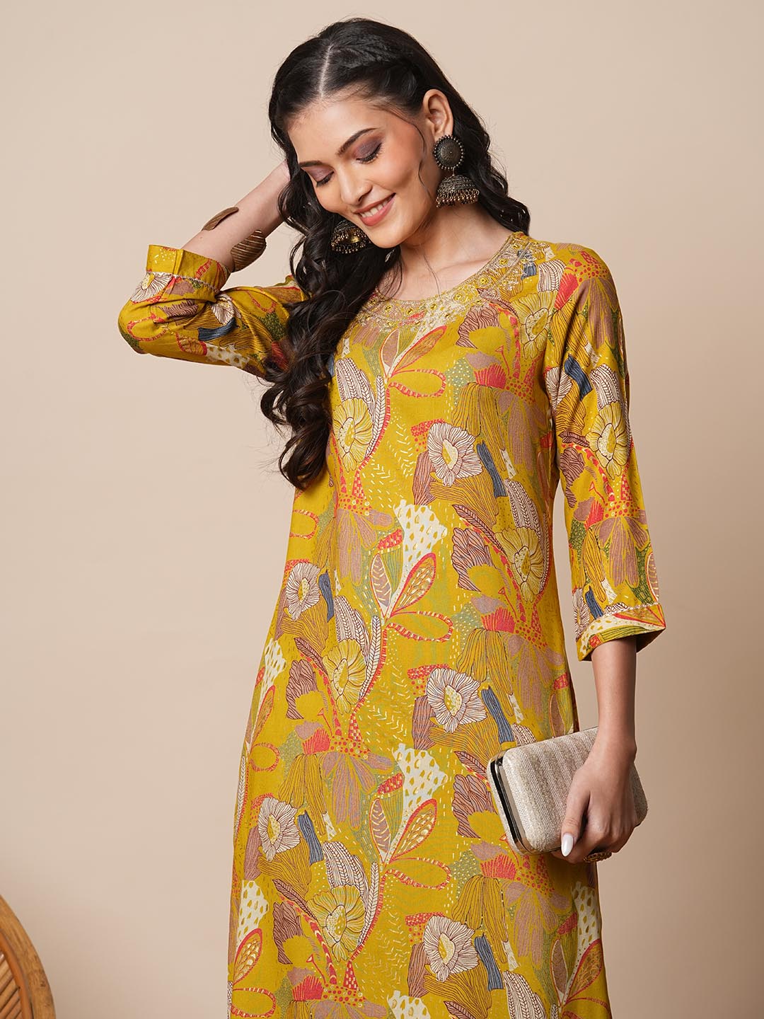 Abstract Floral Printed & Zari Embroidered Straight Fit Kurta - Mustard