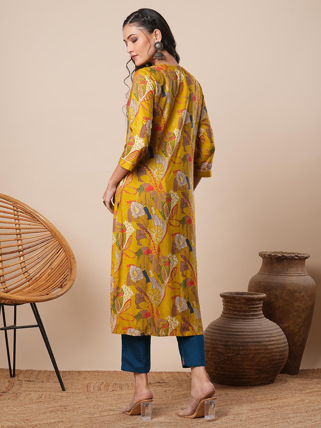Abstract Floral Printed & Zari Embroidered Straight Fit Kurta - Mustard