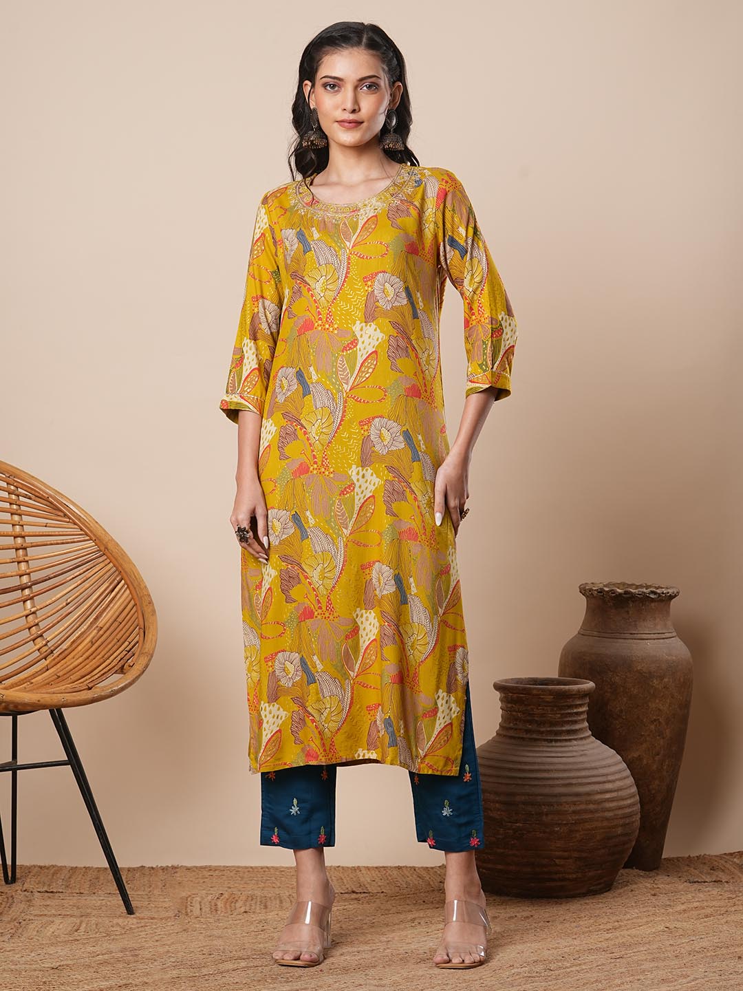 Abstract Floral Printed & Zari Embroidered Straight Fit Kurta - Mustard