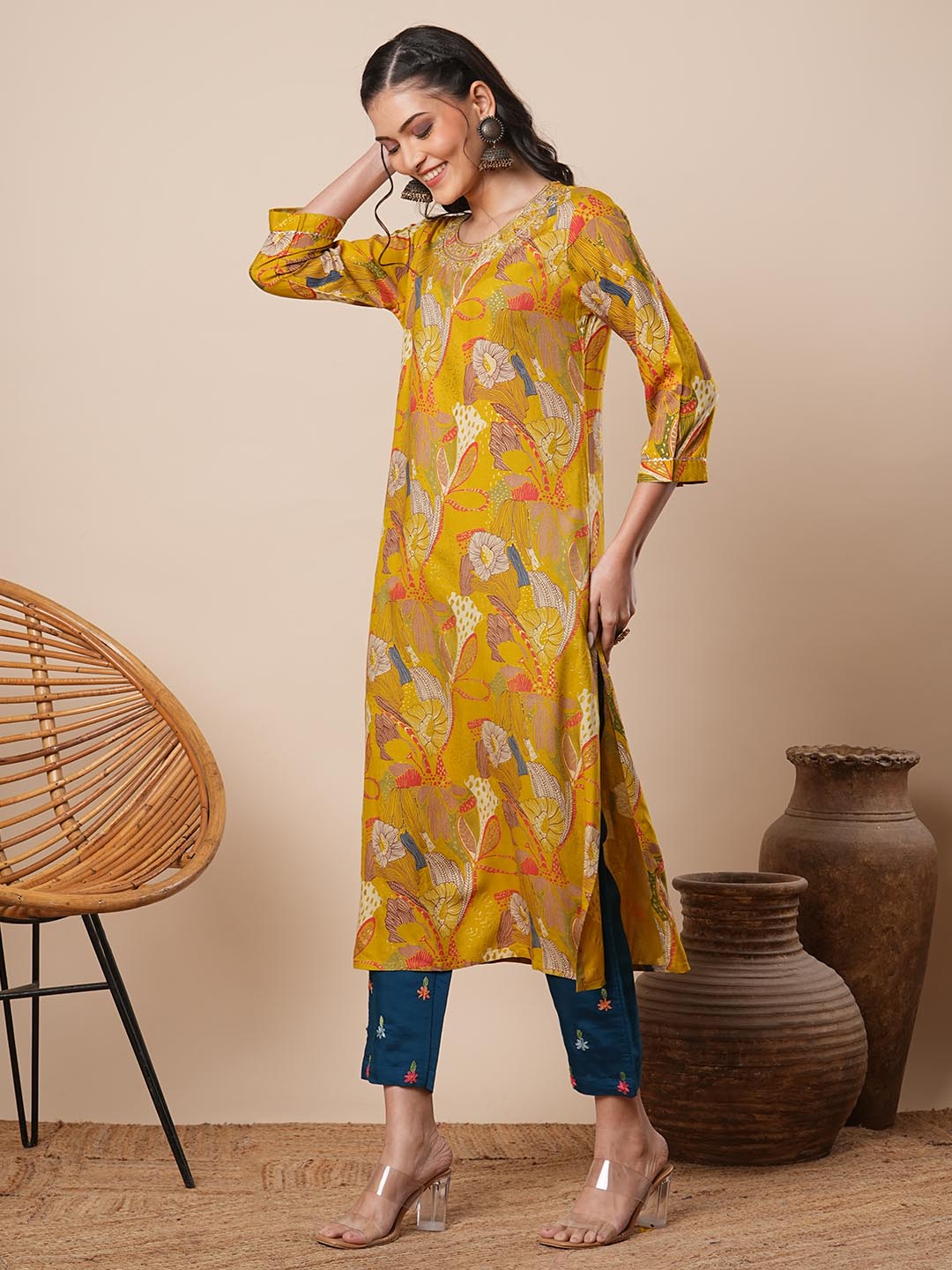 Abstract Floral Printed & Zari Embroidered Straight Fit Kurta - Mustard