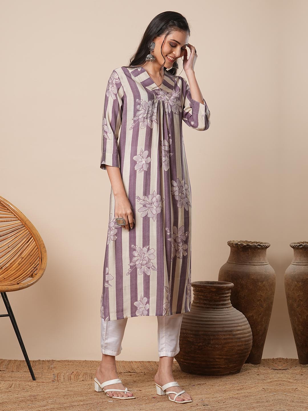 Abstract Floral Stripes Printed A-Line Pleated Kurta - Lavender