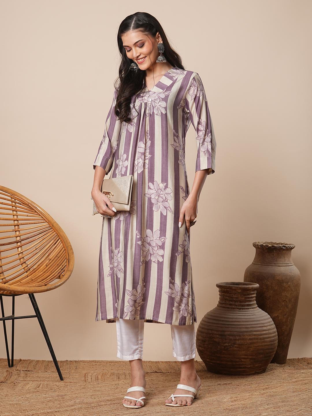 Abstract Floral Stripes Printed A-Line Pleated Kurta - Lavender