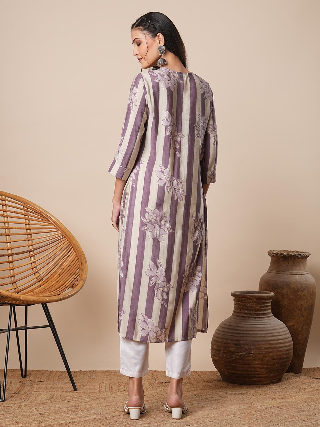 Abstract Floral Stripes Printed A-Line Pleated Kurta - Lavender