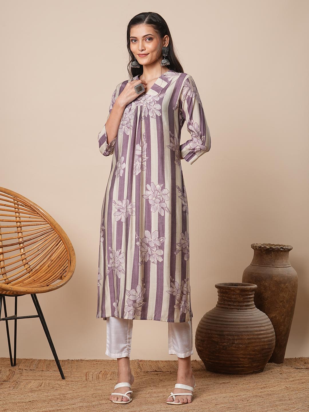 Abstract Floral Stripes Printed A-Line Pleated Kurta - Lavender