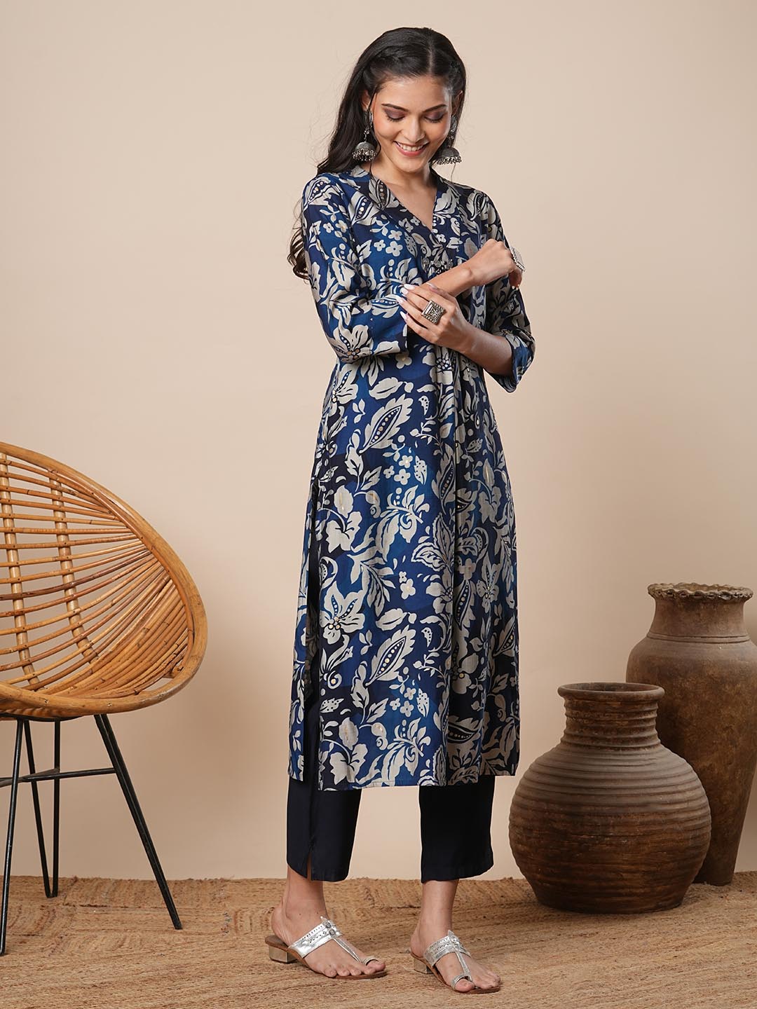 Abstract Floral Printed A-Line Kurta with Pant - Navy Blue