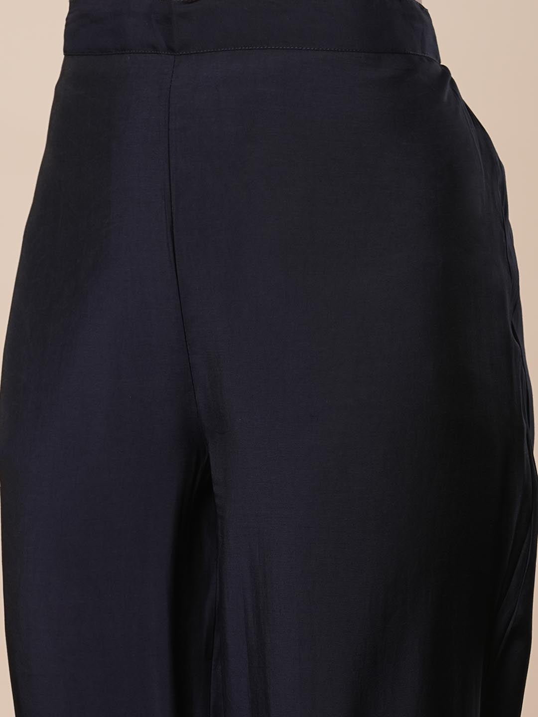 Abstract Floral Printed A-Line Kurta with Pant - Navy Blue