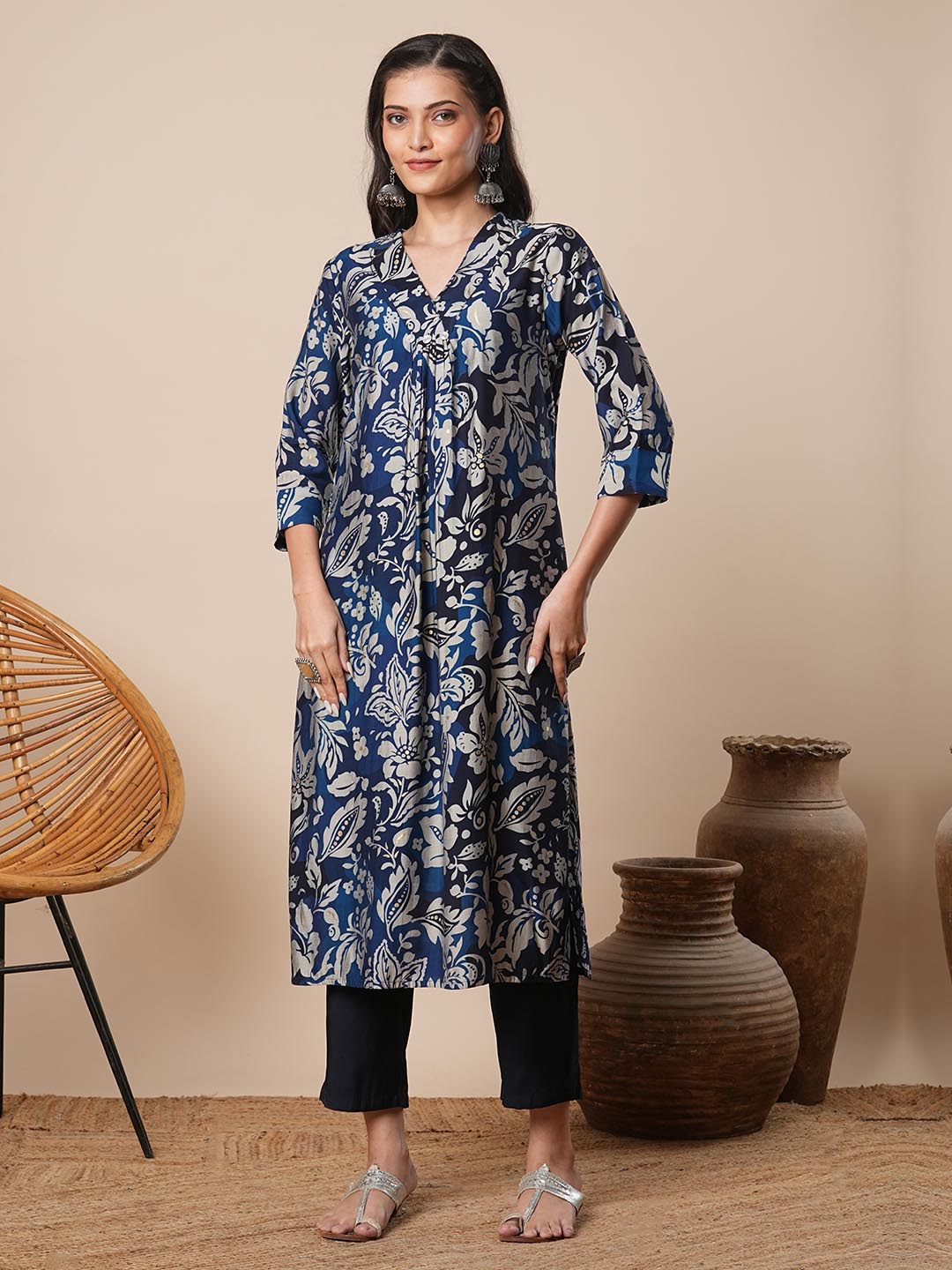Abstract Floral Printed A-Line Kurta with Pant - Navy Blue