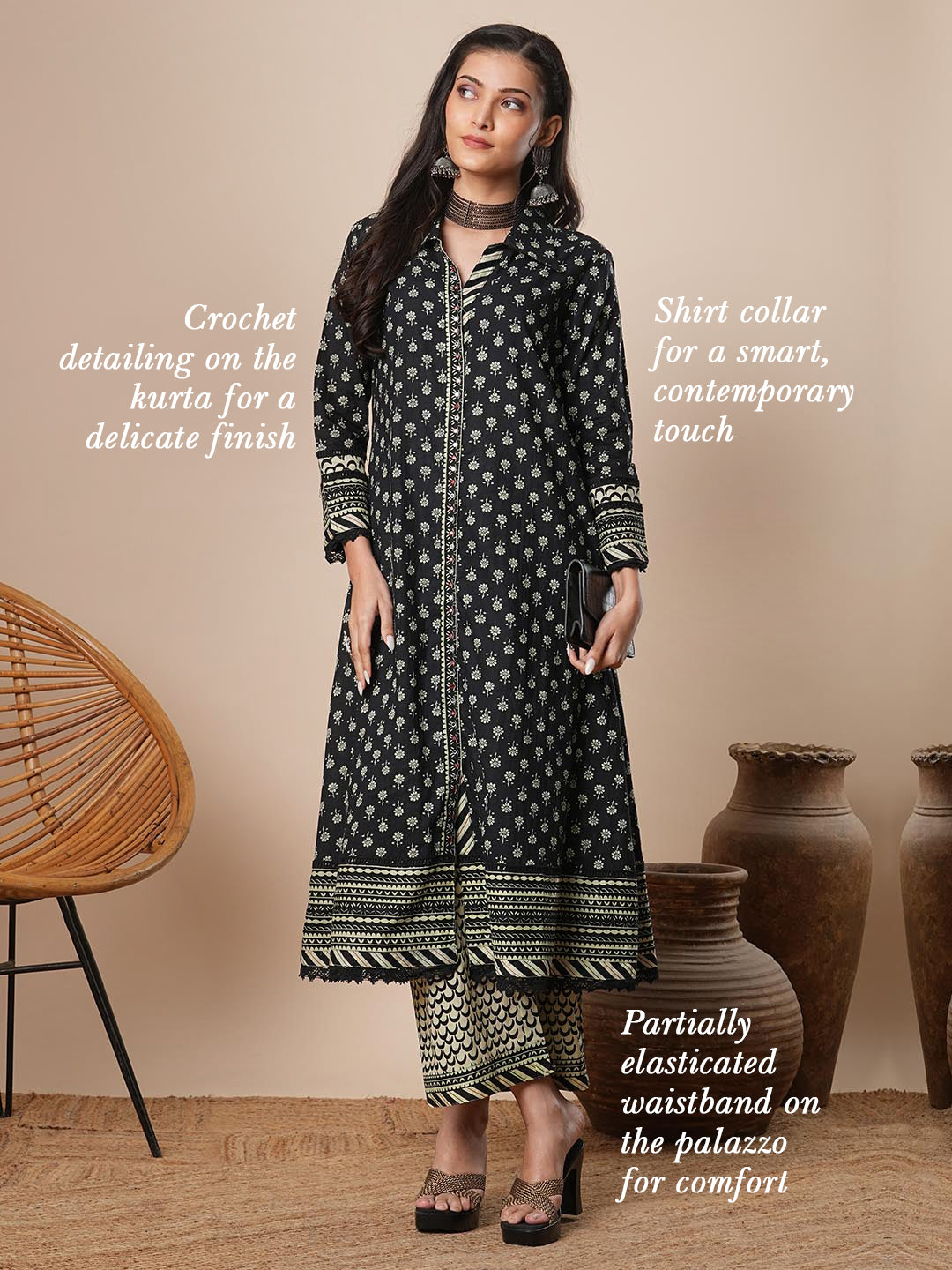 Ethnic Floral Printed A-Line Kurta with Palazzo - Black