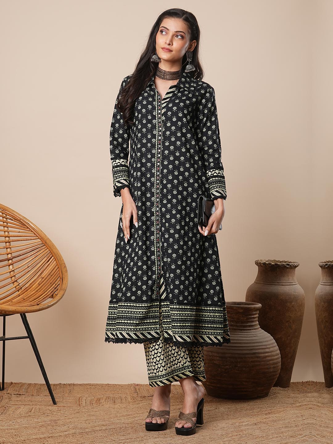 Ethnic Floral Printed A-Line Kurta with Palazzo - Black