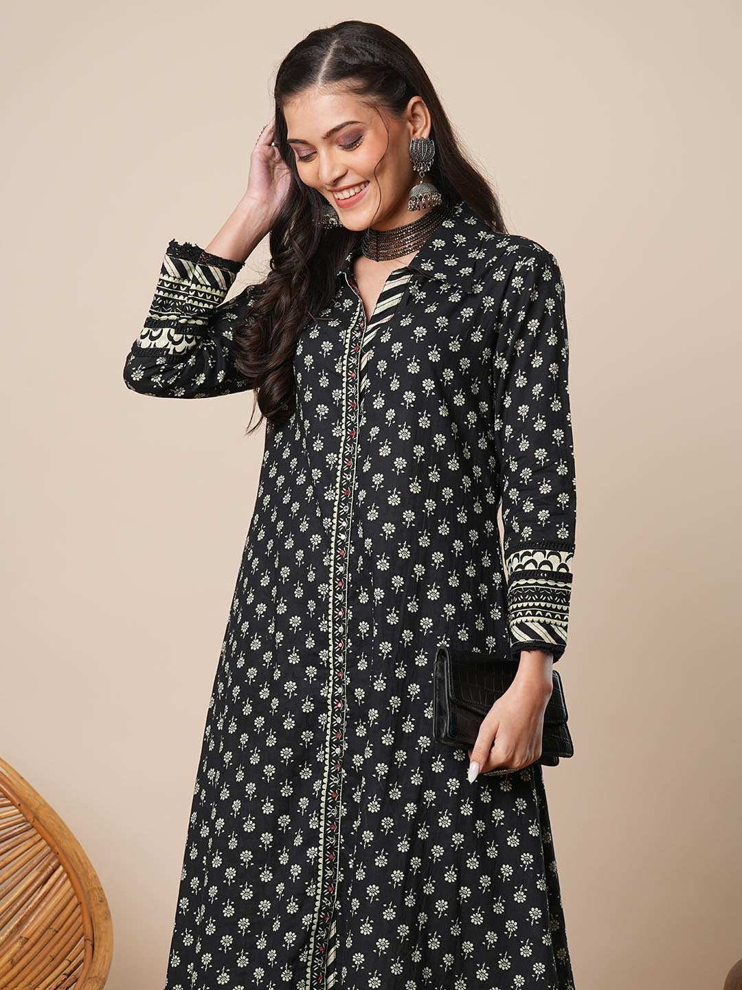 Ethnic Floral Printed A-Line Kurta with Palazzo - Black