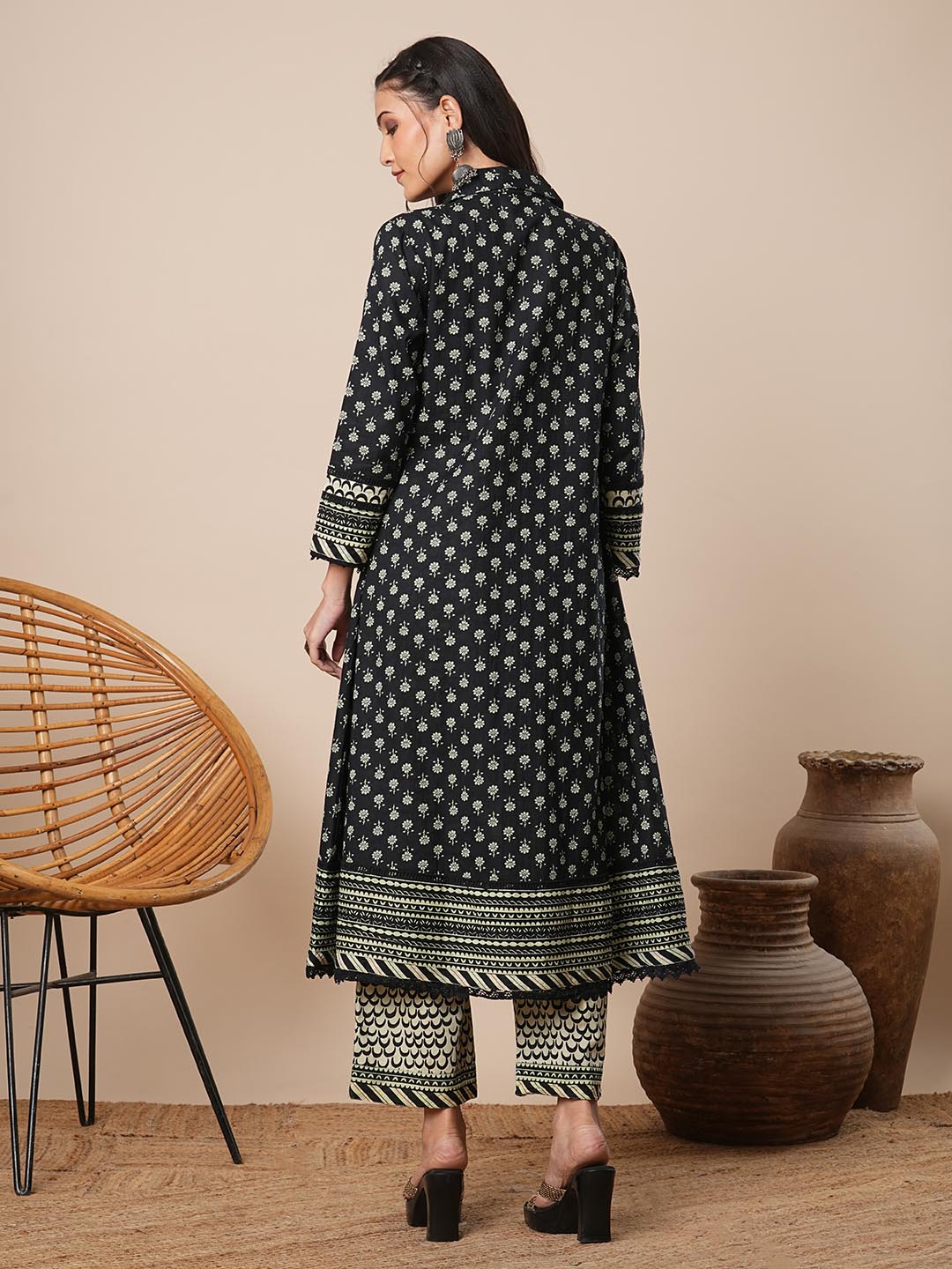 Ethnic Floral Printed A-Line Kurta with Palazzo - Black