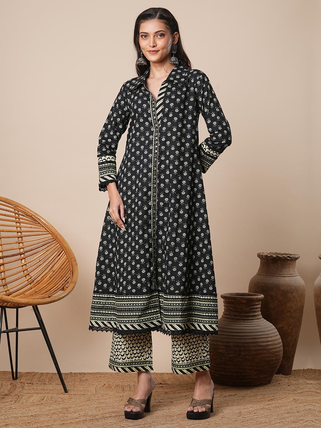 Ethnic Floral Printed A-Line Kurta with Palazzo - Black
