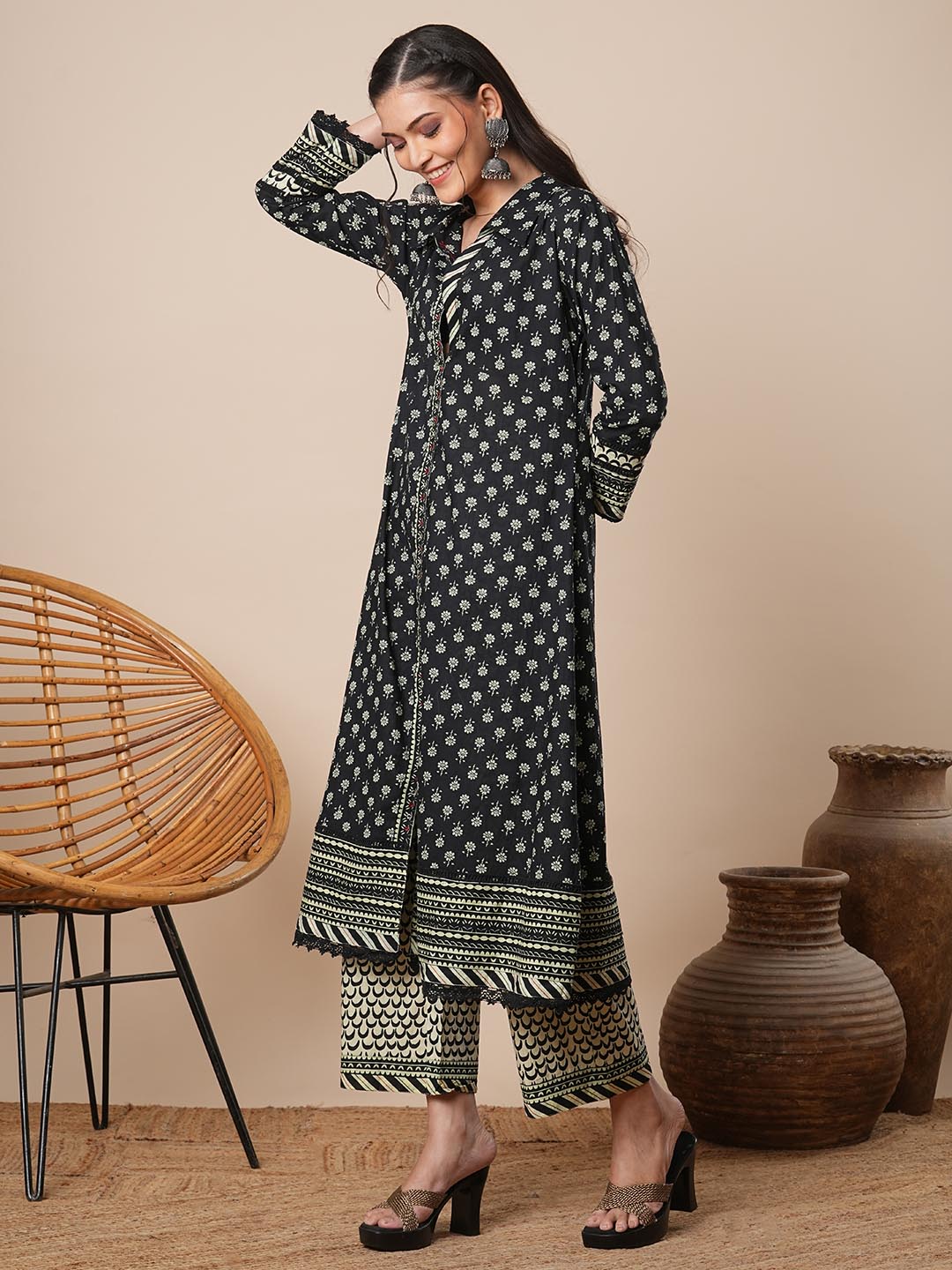 Ethnic Floral Printed A-Line Kurta with Palazzo - Black
