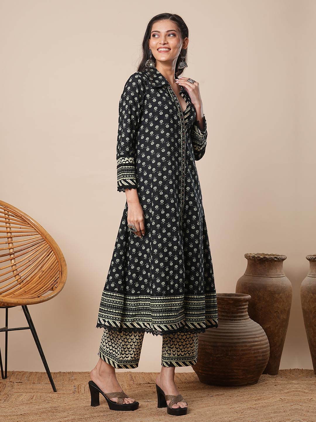 Ethnic Floral Printed A-Line Kurta with Palazzo - Black