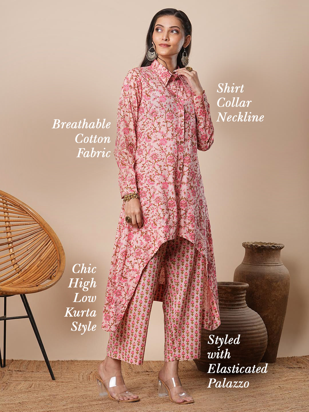 Abstract Floral Printed A-Line High Low Co-ord Set - Pink