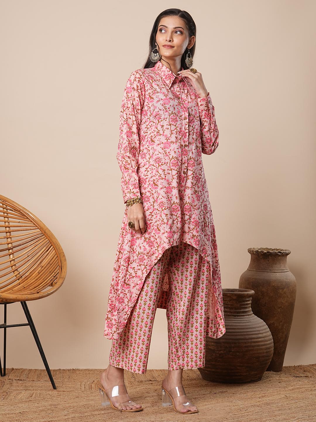 Abstract Floral Printed A-Line High Low Co-ord Set - Pink
