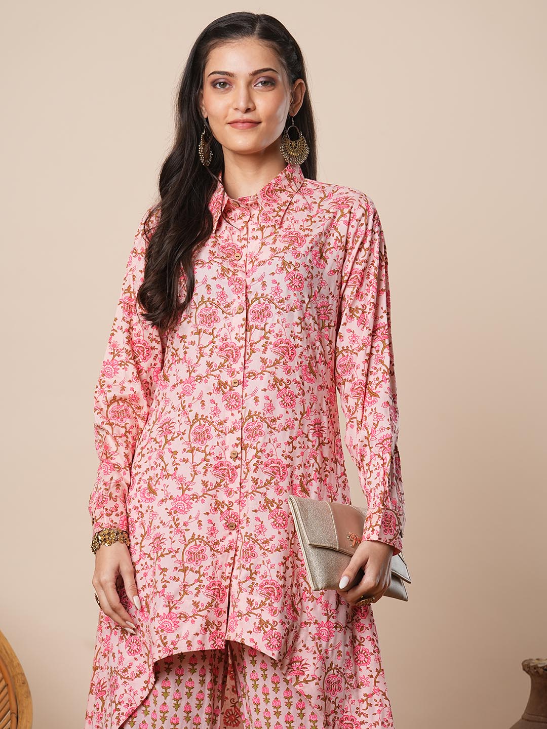 Abstract Floral Printed A-Line High Low Co-ord Set - Pink