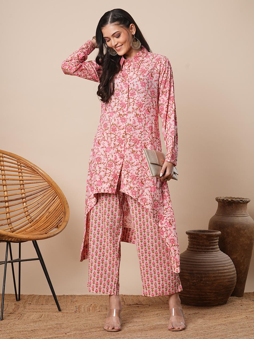 Abstract Floral Printed A-Line High Low Co-ord Set - Pink