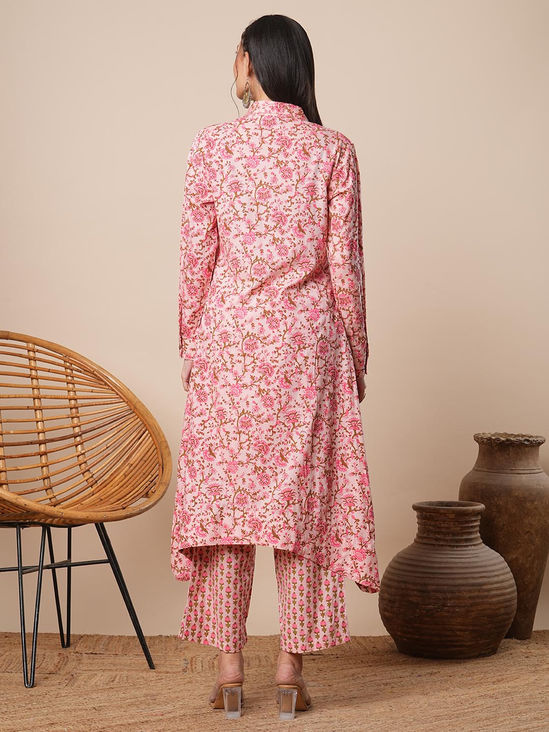 Abstract Floral Printed A-Line High Low Co-ord Set - Pink