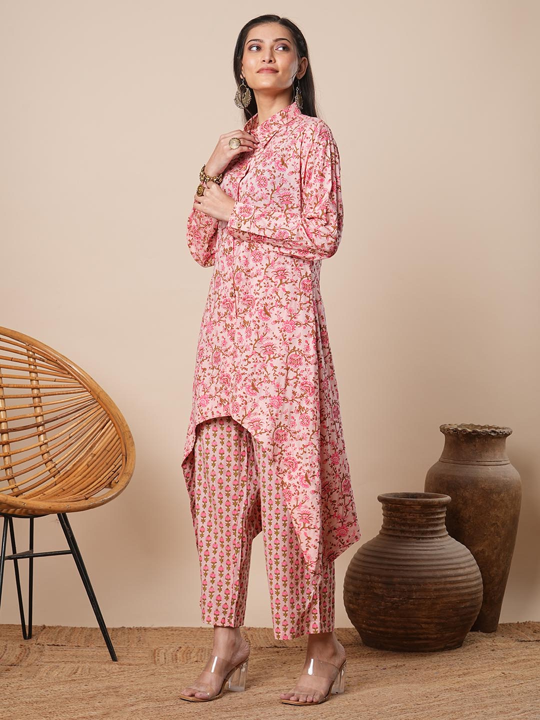 Abstract Floral Printed A-Line High Low Co-ord Set - Pink