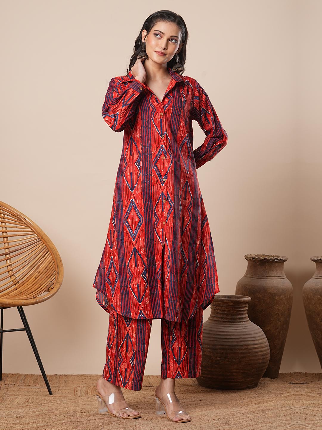 Ethnic Stripes Printed A-Line Co-ord Set - Red