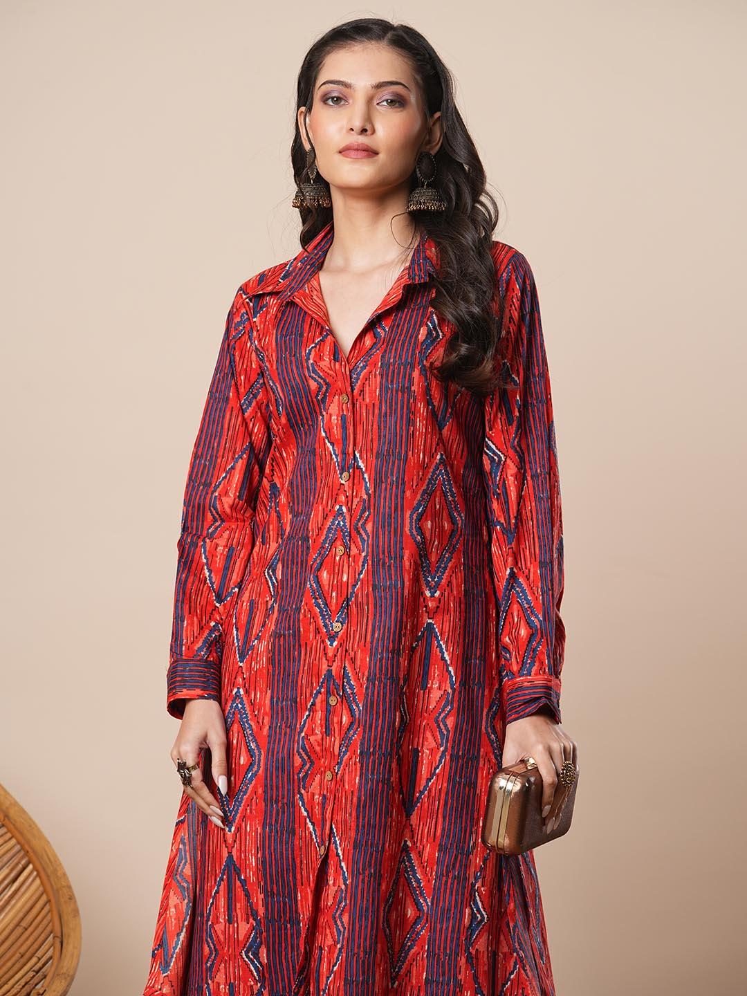 Ethnic Stripes Printed A-Line Co-ord Set - Red