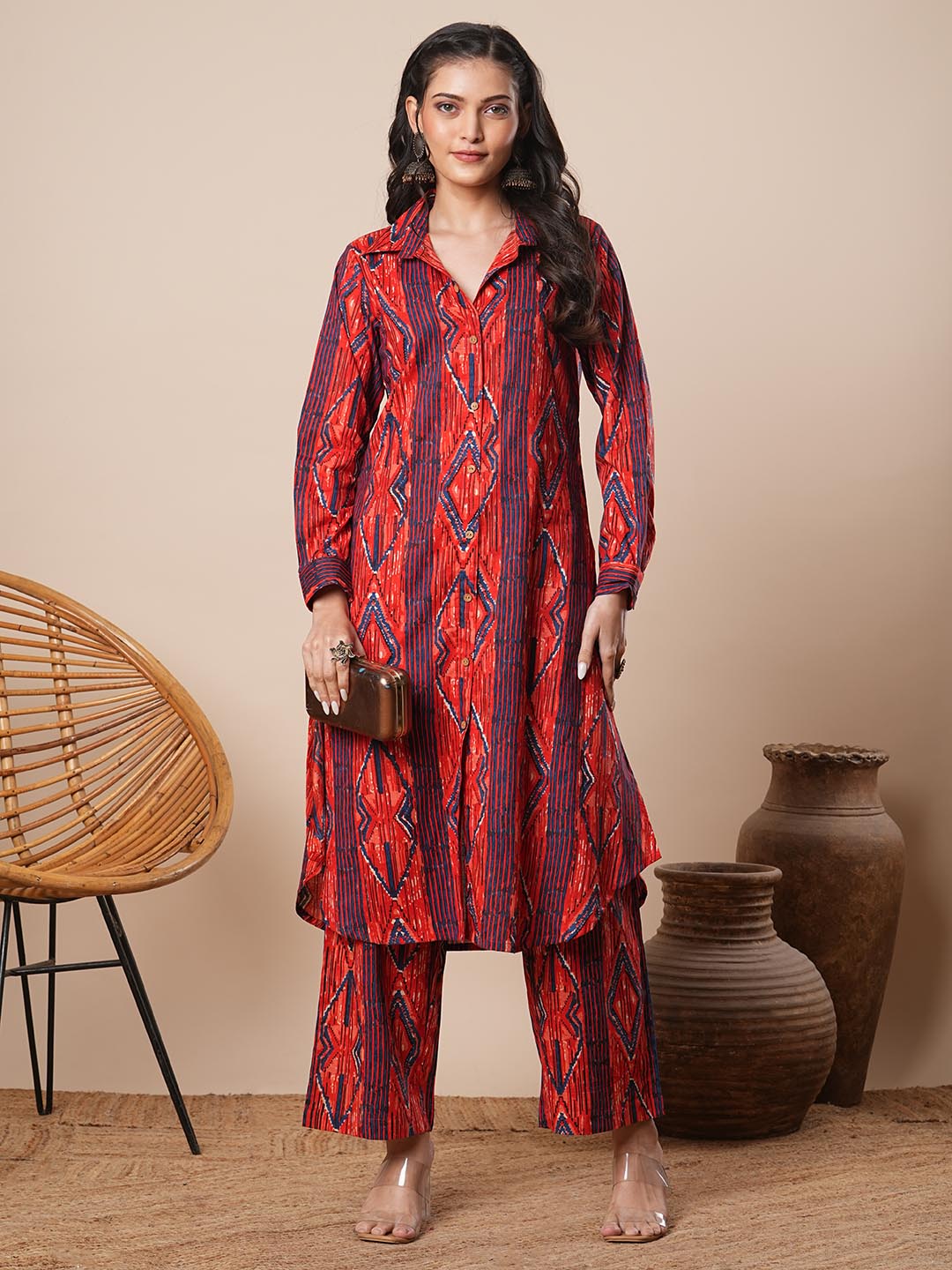 Ethnic Stripes Printed A-Line Co-ord Set - Red