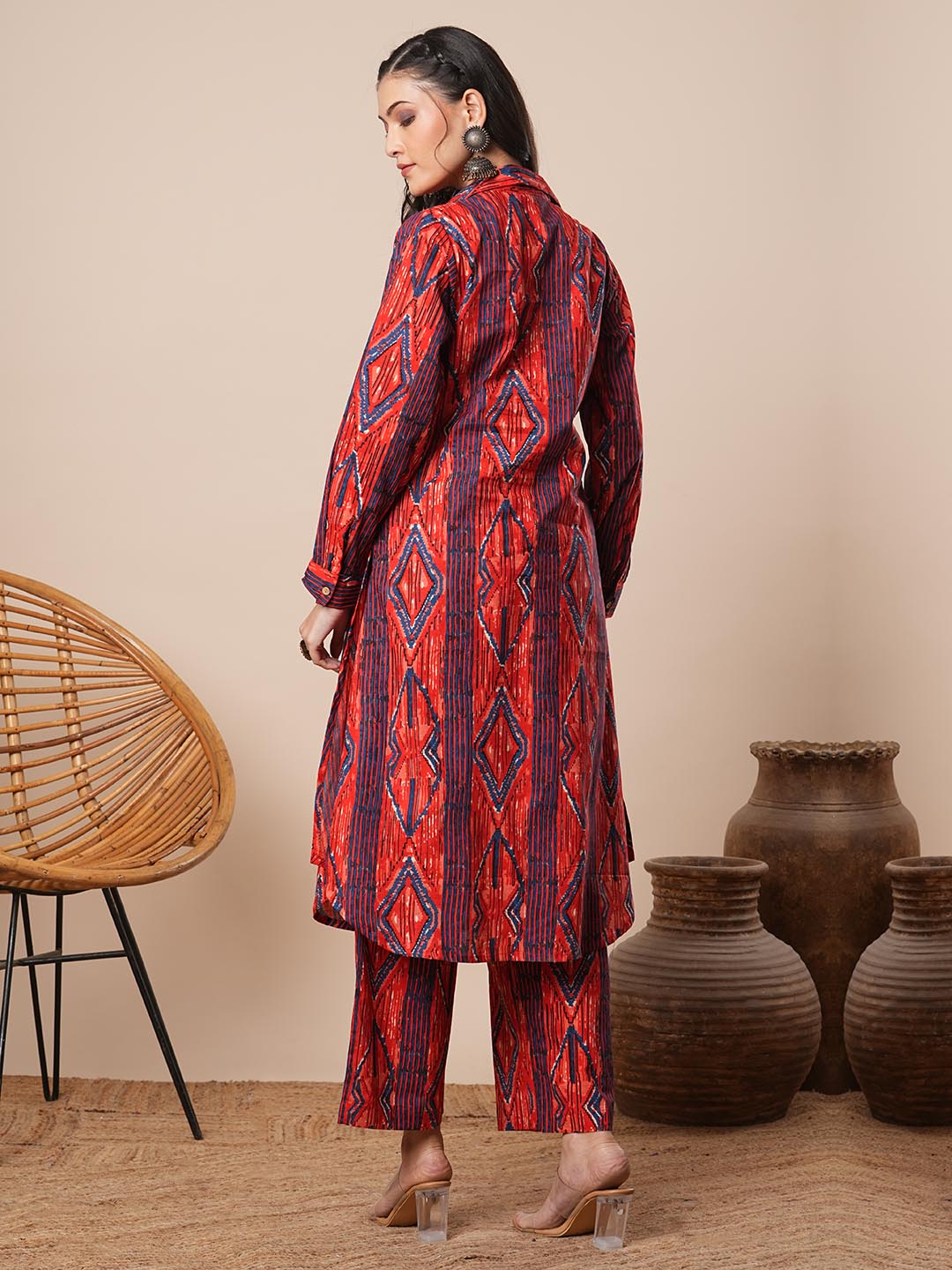 Ethnic Stripes Printed A-Line Co-ord Set - Red