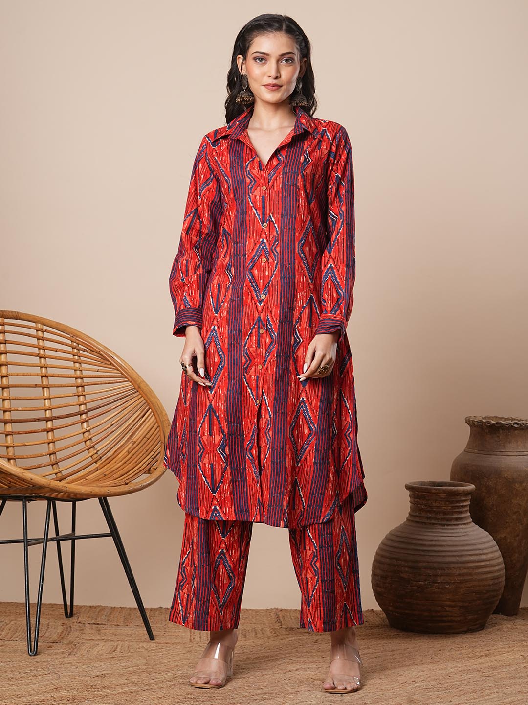 Ethnic Stripes Printed A-Line Co-ord Set - Red