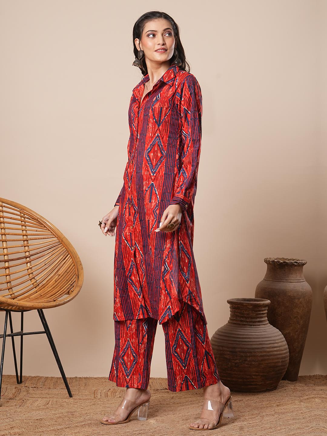 Ethnic Stripes Printed A-Line Co-ord Set - Red