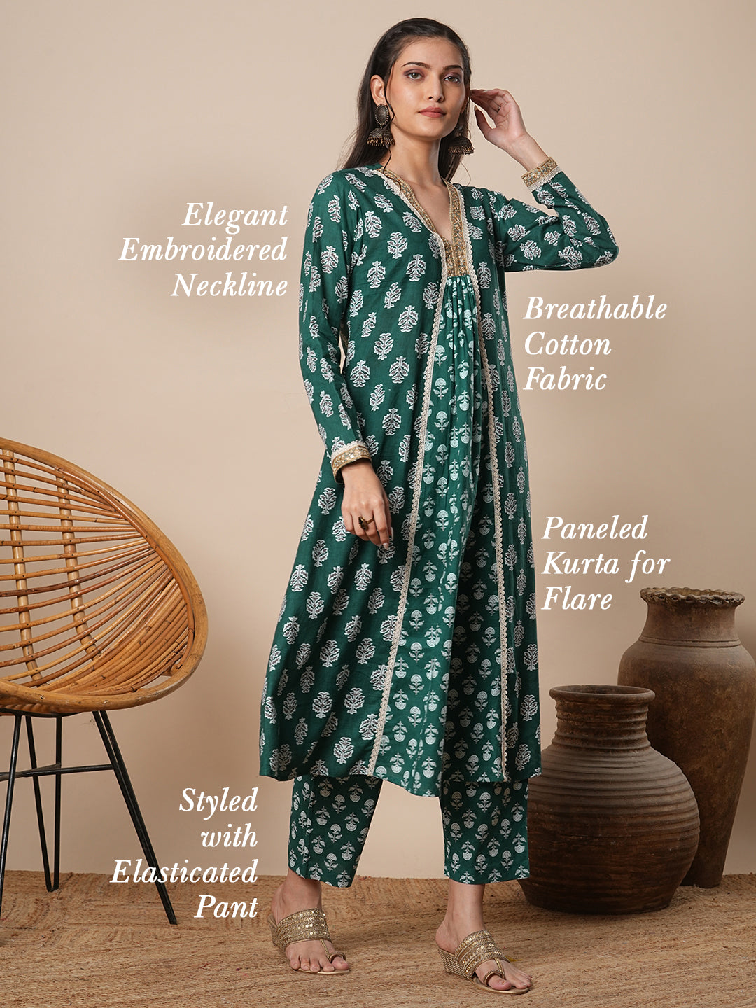 Ethnic Floral Printed A-Line Paneled Kurta with Pant - Green