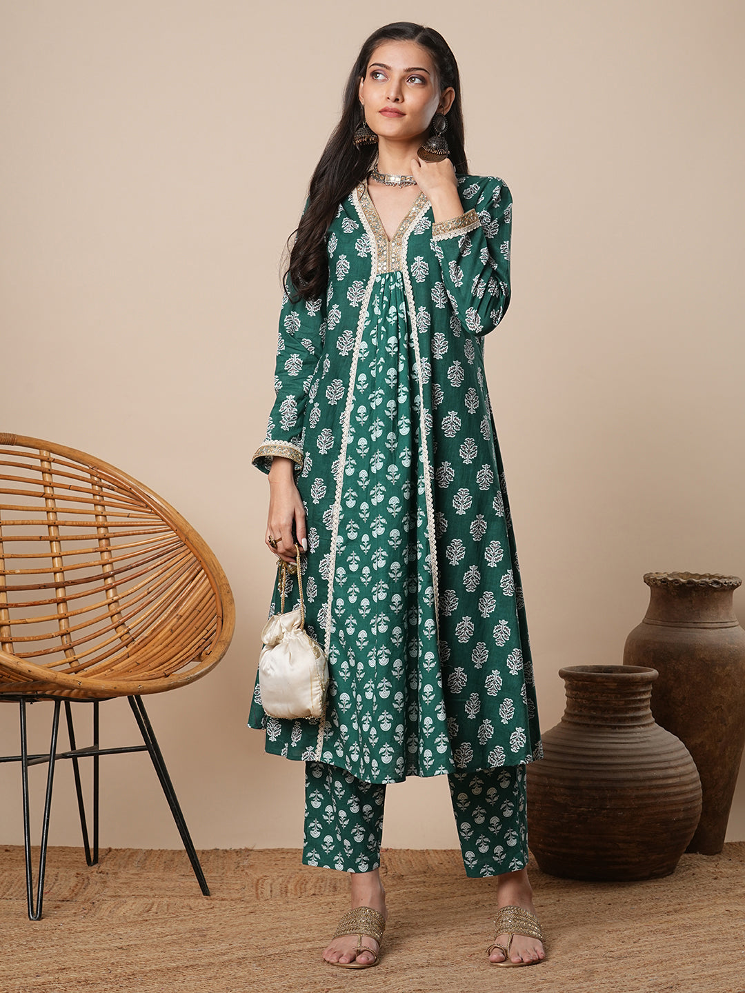 Ethnic Floral Printed A-Line Paneled Kurta with Pant - Green