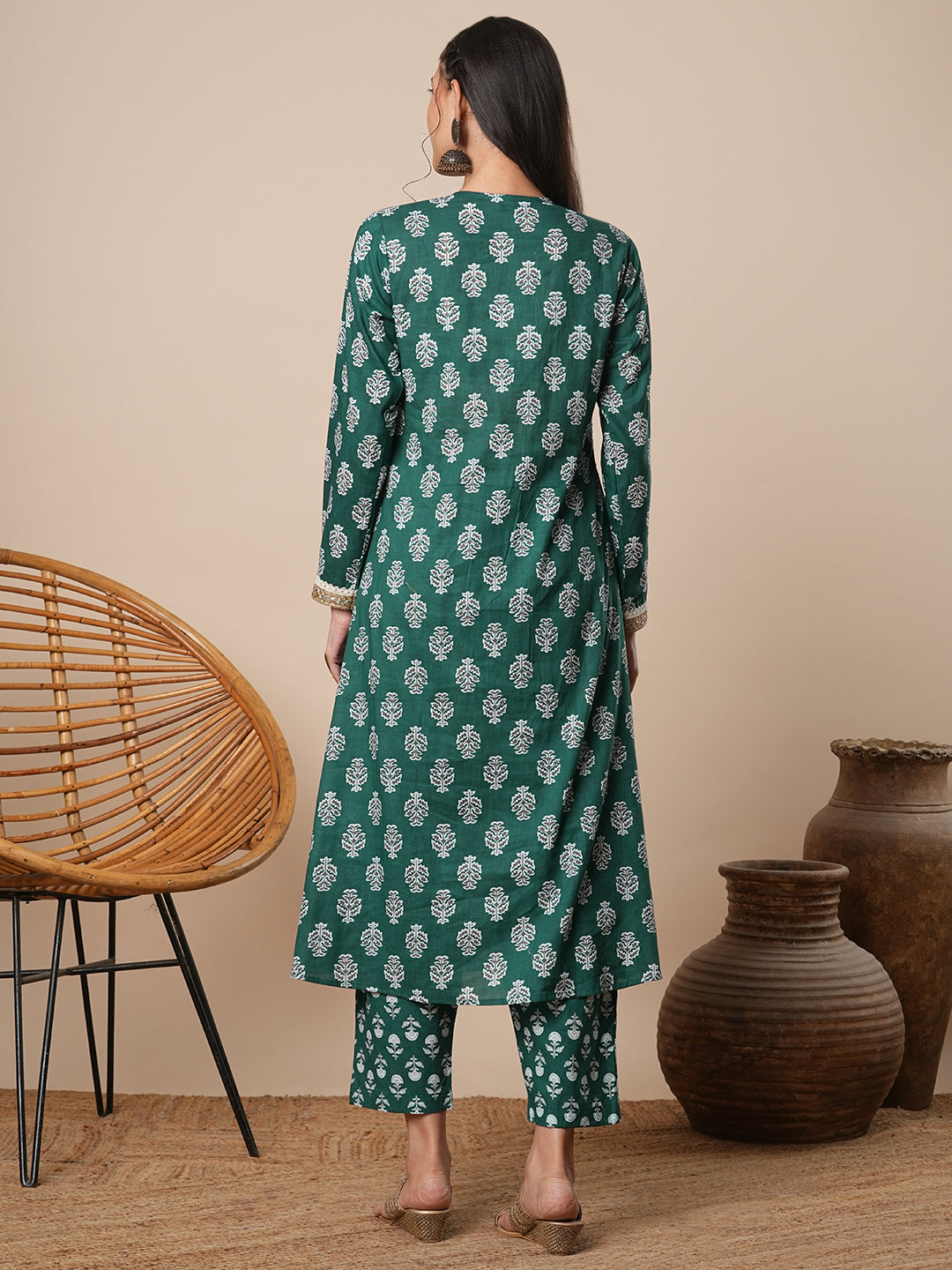 Ethnic Floral Printed A-Line Paneled Kurta with Pant - Green