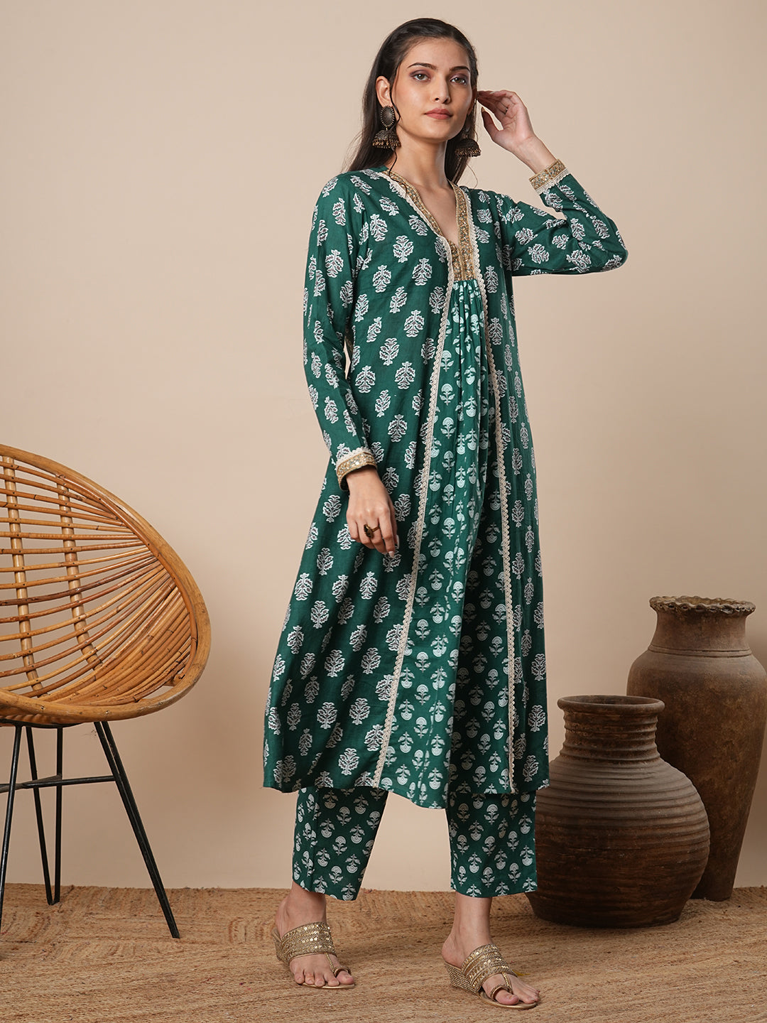 Ethnic Floral Printed A-Line Paneled Kurta with Pant - Green