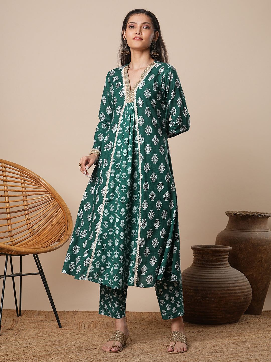Ethnic Floral Printed A-Line Paneled Kurta with Pant - Green