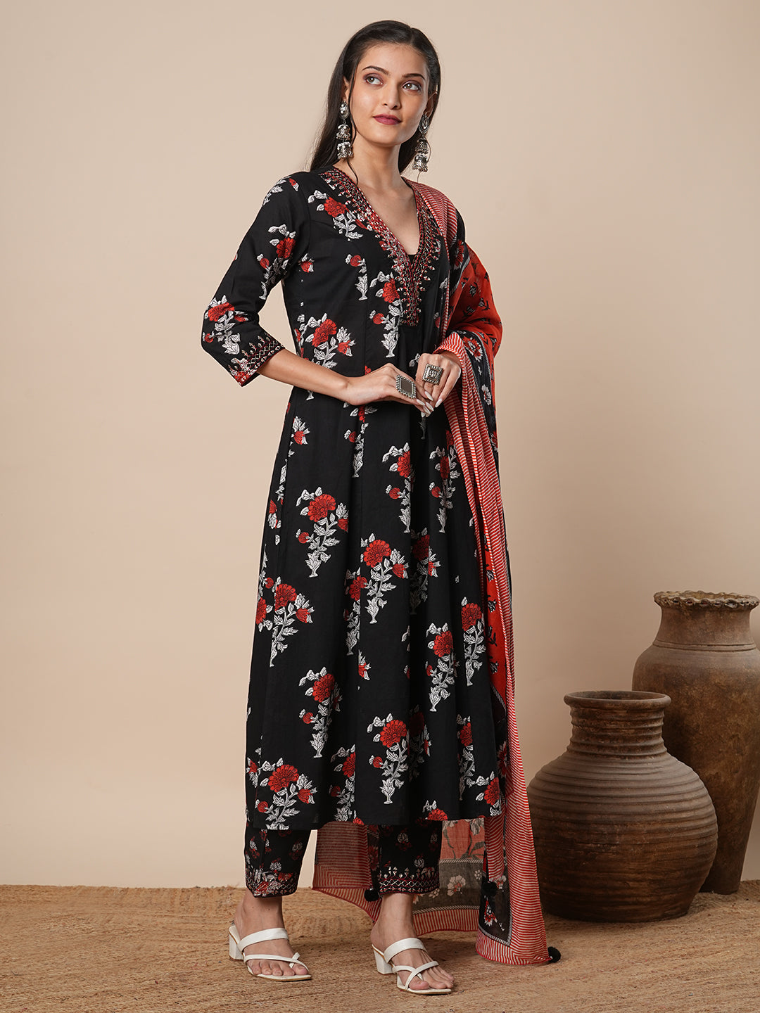 Floral Printed & Embroidered Straight Kurta with Pant & Dupatta - Black