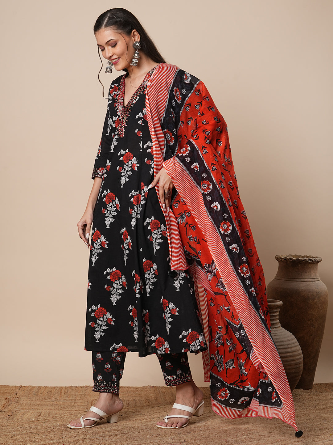 Floral Printed & Embroidered Straight Kurta with Pant & Dupatta - Black