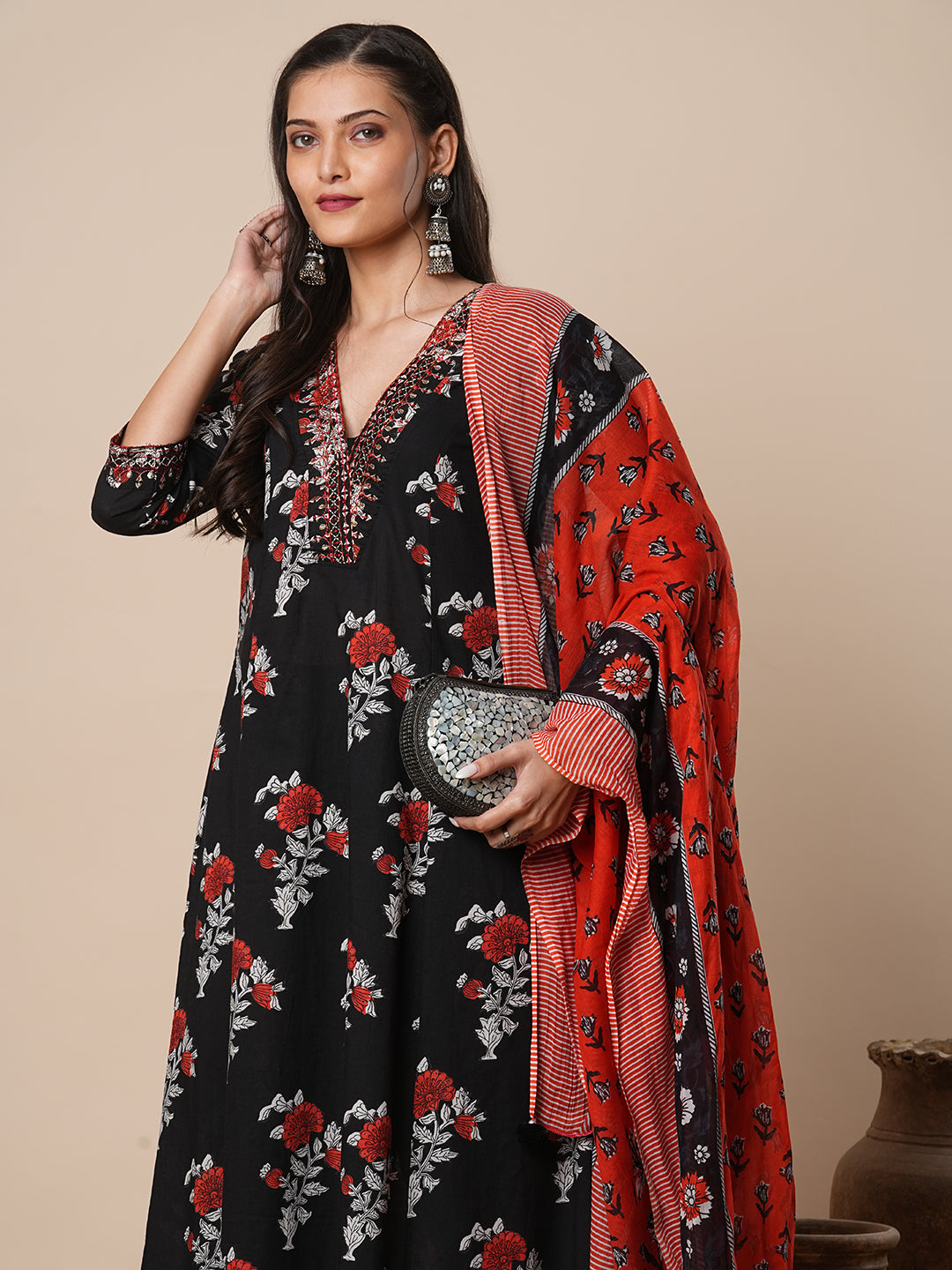 Floral Printed & Embroidered Straight Kurta with Pant & Dupatta - Black