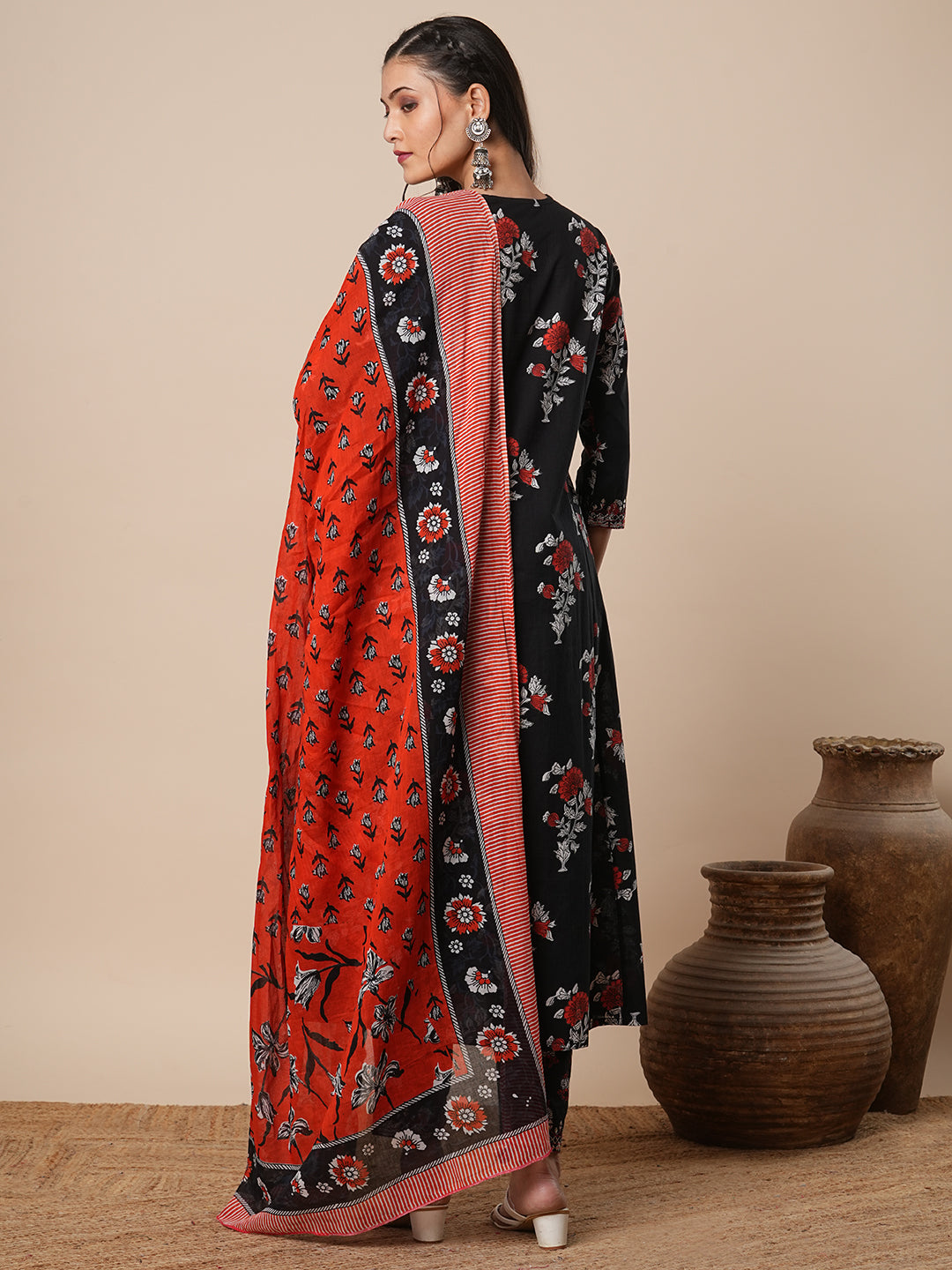 Floral Printed & Embroidered Straight Kurta with Pant & Dupatta - Black