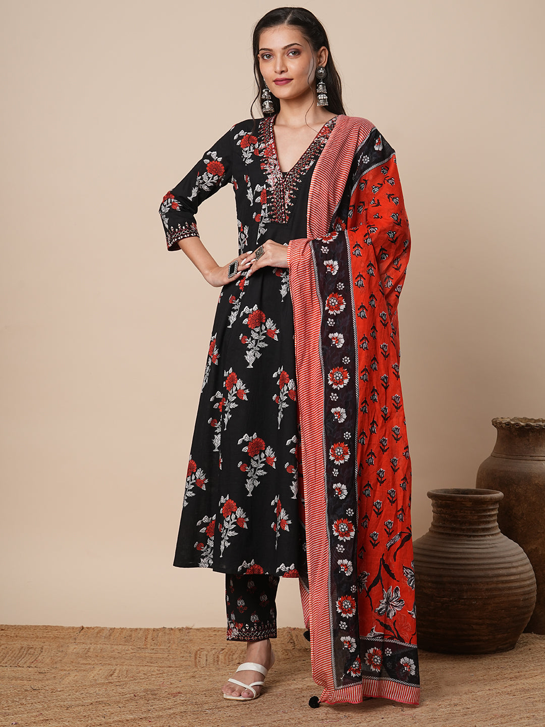 Floral Printed & Embroidered Straight Kurta with Pant & Dupatta - Black